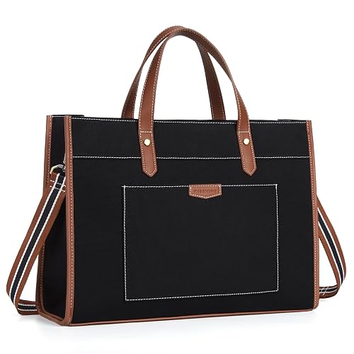 Missnine Laptop Tote Bag Canvas Laptop Bag 15.6 inch Work Shoulder Bags Casual Briefcase Handbag for Travel, Office, College (Black+Brown)