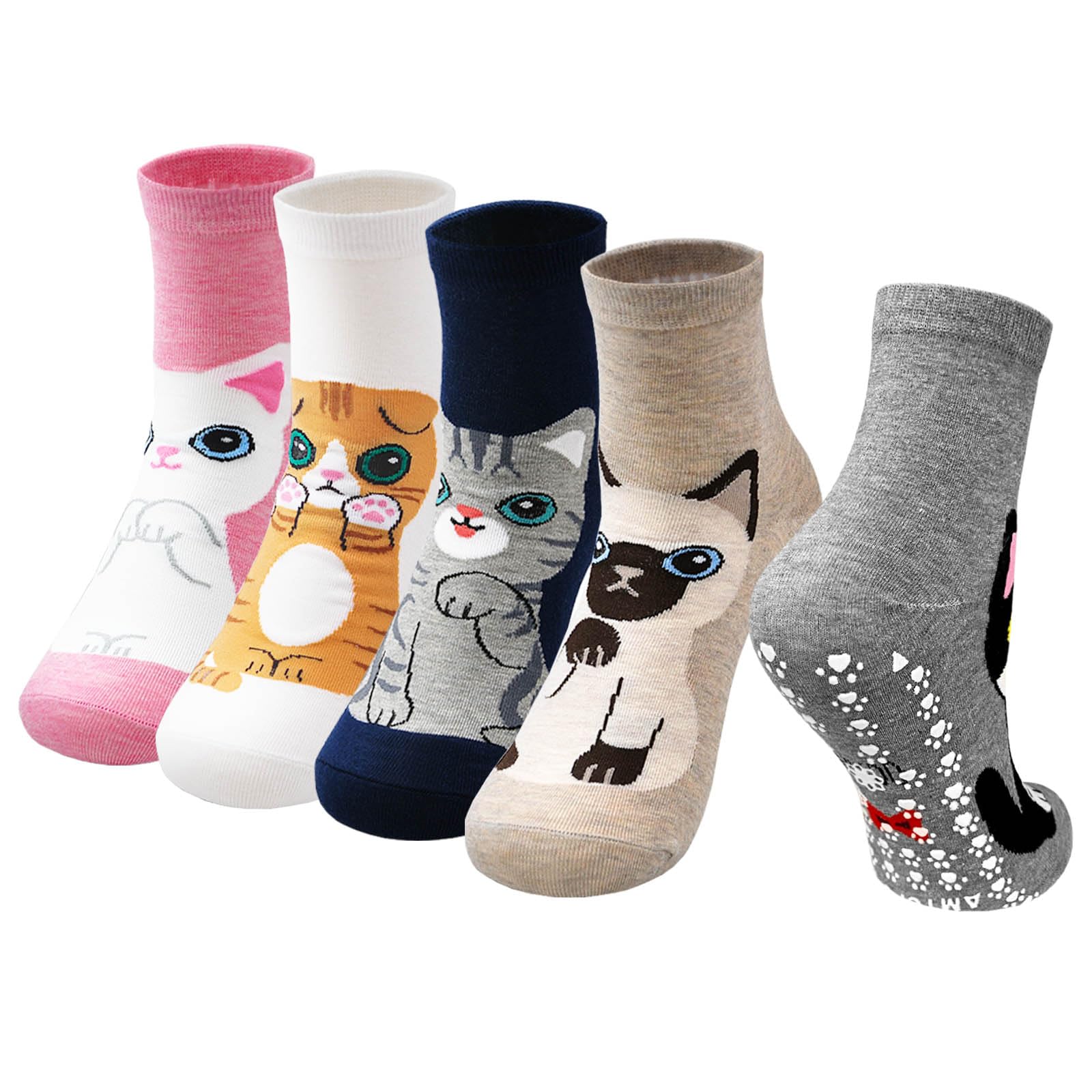 Artfasion Non Slip Socks for Women Grip Socks Novelty Cat Non Skid Socks Ladies Funny Anti Slip Socks 5 Pairs