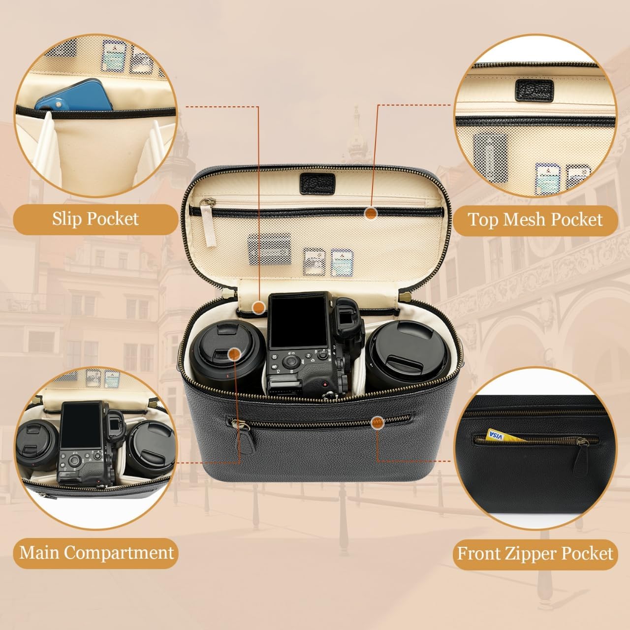 Camera Sling Bag, Waterproof PU Leather Crossbody Camera Case for Photographers, Small Shoulder Bag Compatible for Canon Nikon Sony (Black) - Image 4