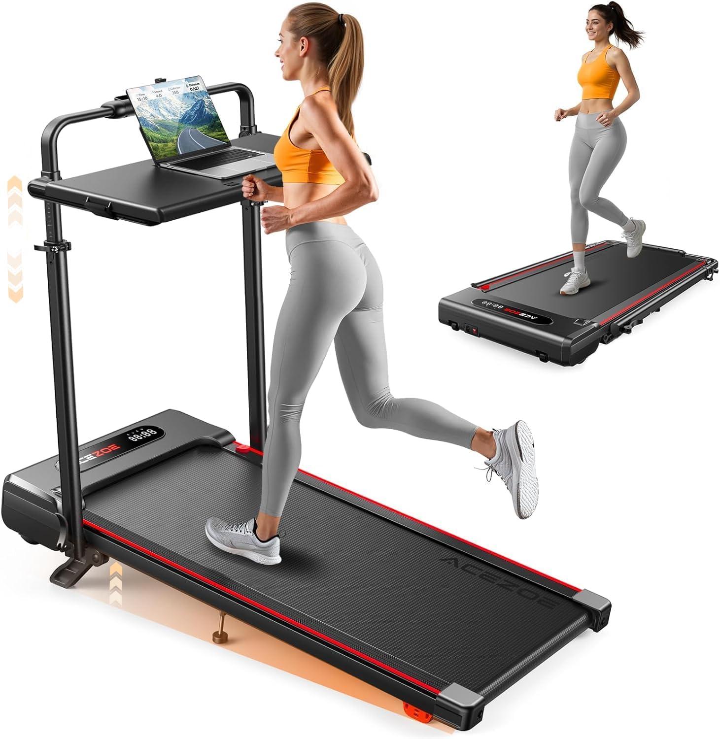 Acezoe Tapis de Marche Pliable avec Tablette, Tapis de Course | Inclinable 10% et Vitesse 12 km/h, Walking Pad Moteur 2.5 HP, Écran LED, Télécommande, 136KG pour Maison/Bureau