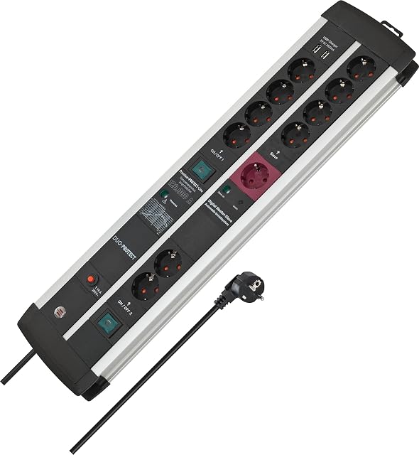 Brennenstuhl Premium-Protect-Line Steckdosenleiste 11-fach mit Überspannungsschutz, Master Slave Funktion und 2 Schalter (2-fach USB 3,1 A, 3m Kabel, Made in Germany) schwarz