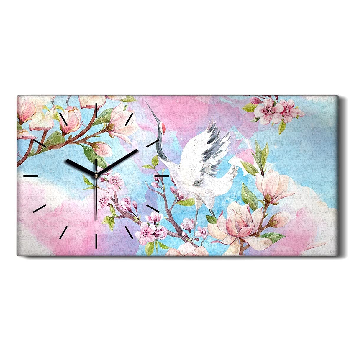 Horloge Silencieuse 60x30cm sans Tic-Tac pour Salon et Chambre | Toile Fleurs et Oiseau