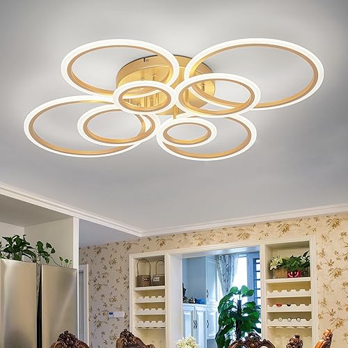 Vikaey Lámpara LED moderna de montaje empotrado, 8 anillos dorados cerca del techo, lámpara de techo para sala de estar, comedor, dormitorio,