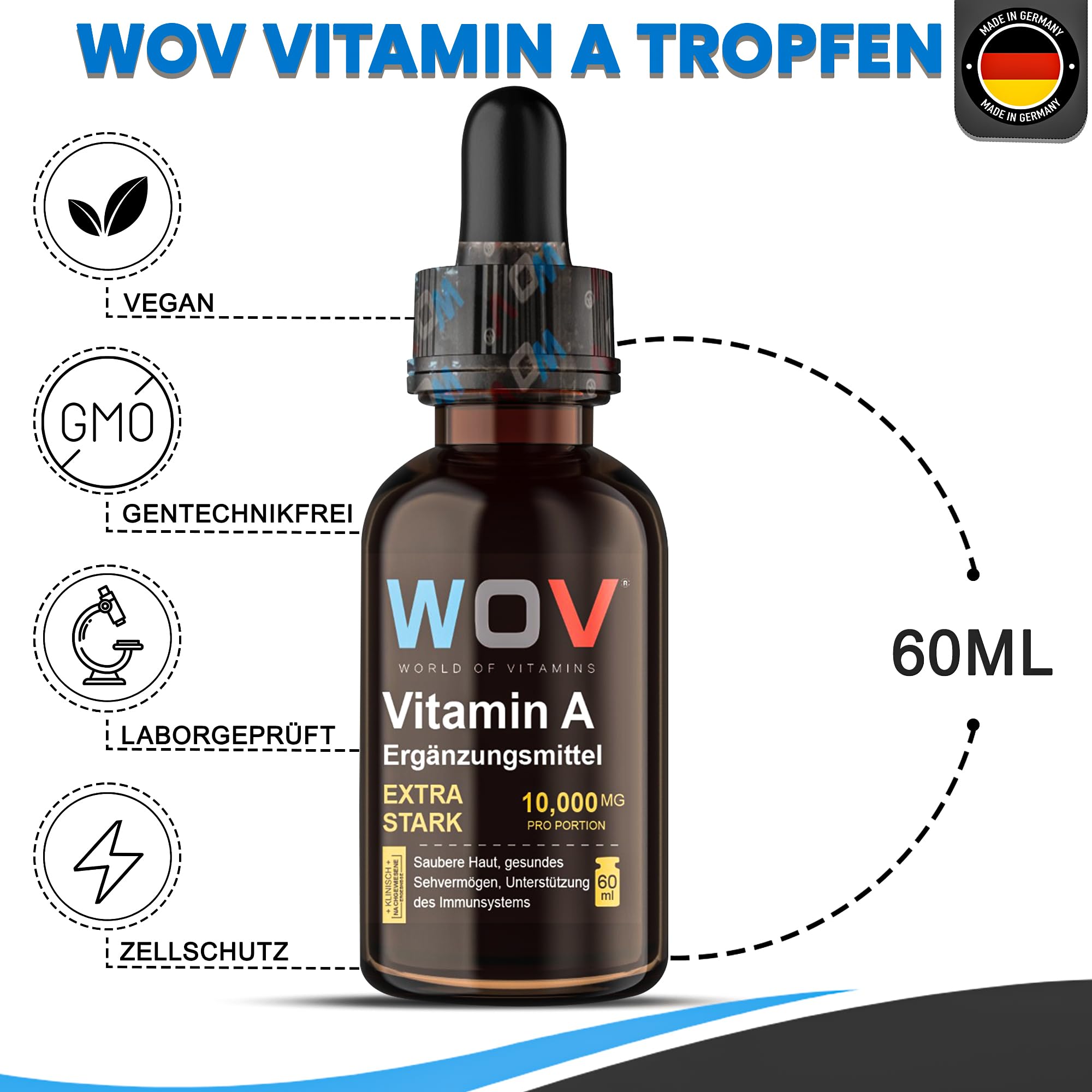 WOV Vitamin A Tropfen 10.000 mg - 60 ml (2000 Tropfen) - Vegan Retinol in MCT-Kokosöl - Hochdosiert für Haut, Augen & Immunsystem - Laborgeprüft, Zusatzstofffrei