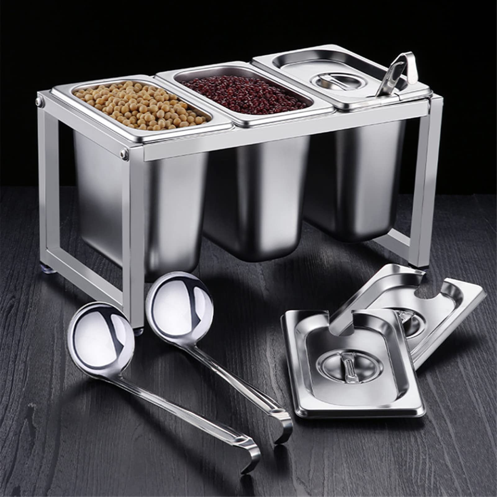 Qcwwy Soporte Organizador de Condimentos de Acero Inoxidable, Soporte para Recipientes de s de Mostrador de Restaurante, Estante de Almacenamiento de Condimentos con Tapas y (Caja de 3 uds.)