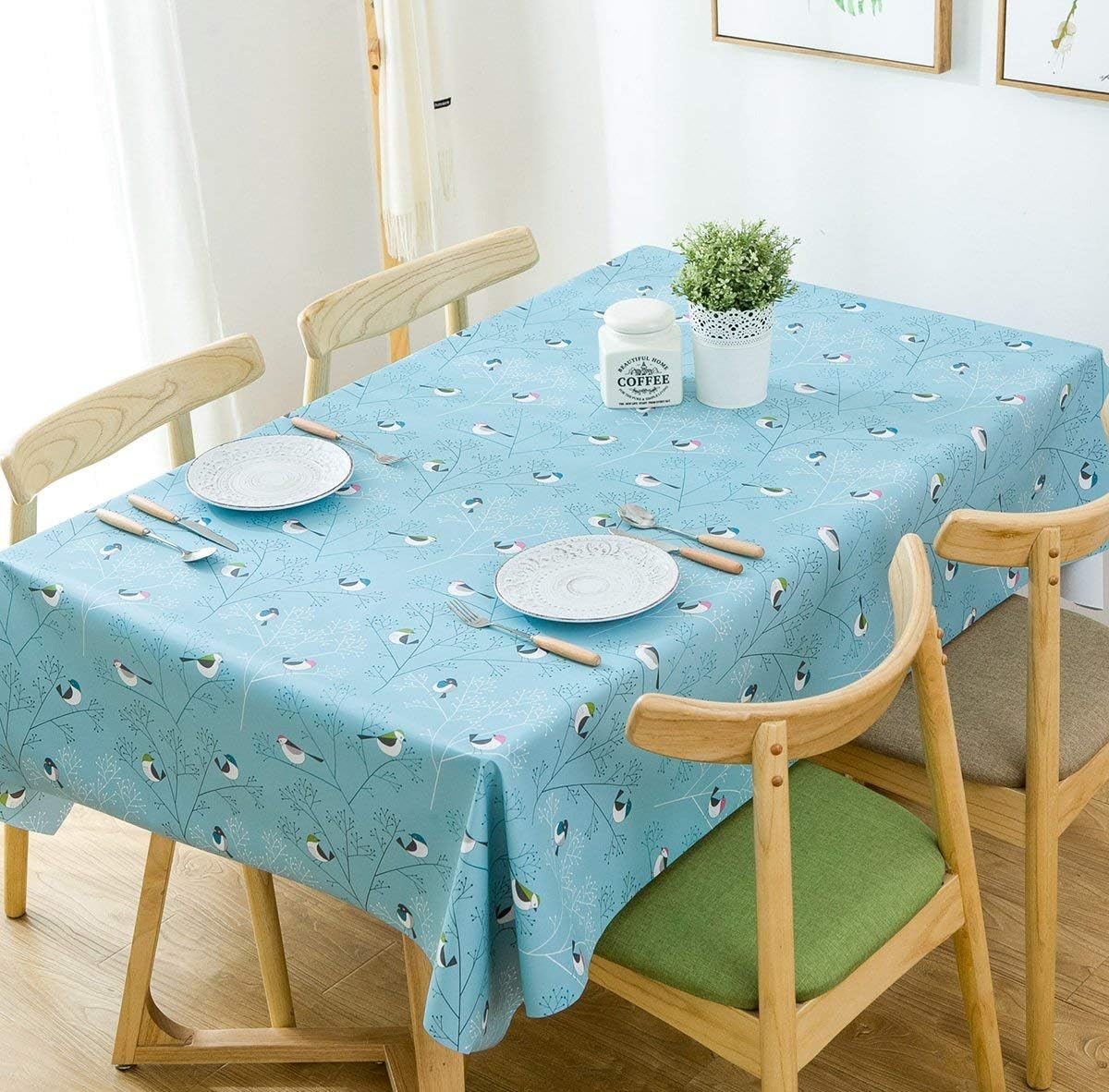 LEEVAN Heavy Weight Vinyl Rectangle Table Cover Wipe Clean PVC Tablecloth Oil-proof/Waterproof Stain-resistant-54 x 54Inch(Blue Bird)