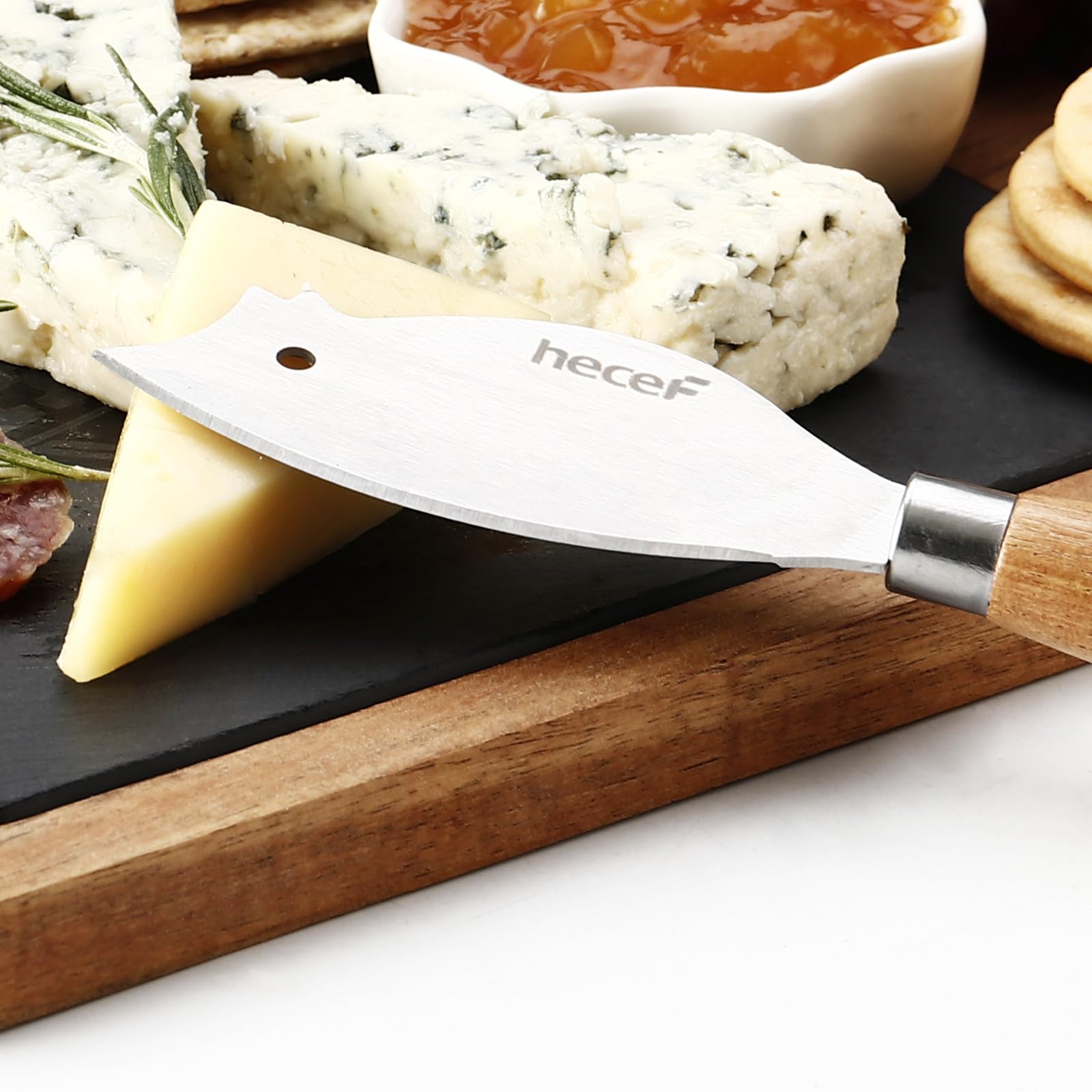 hecef Juego de Tabla de Queso de Madera Acacia con Tabla Negra y Cuchillo para Queso, Placa de Madera y Bandeja para Servir Queso, Galletas y Carne