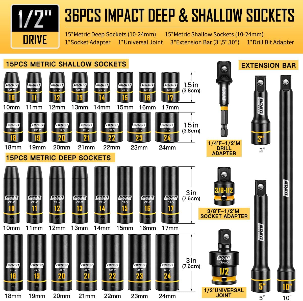 boen 1/2" Drive Impact Socket Set, 36PCS Metric (10-24mm) Deep & Shallow Sockets, 6 Point Design, with Extension Bars, Adapters, Universal Joint, Yellow Embossed Marking