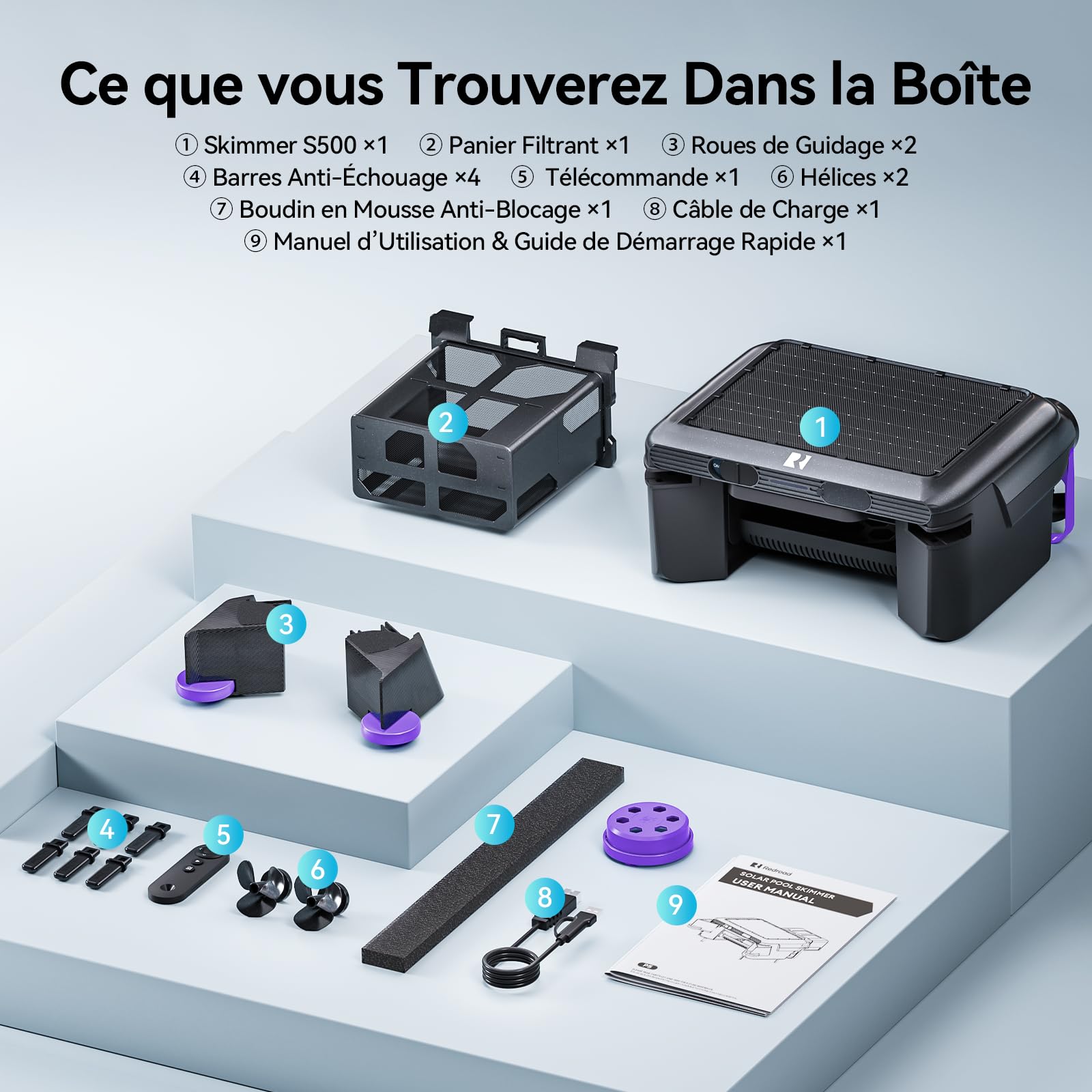 Redkey S500 Robot Nettoyeur Skimmer Solaire, Robot Piscine Solaire Surface 24/7, Double Moteurs, Double Système de Charge, Détection Intelligente D’Obstacles, Système de Filtration Fine 200µm