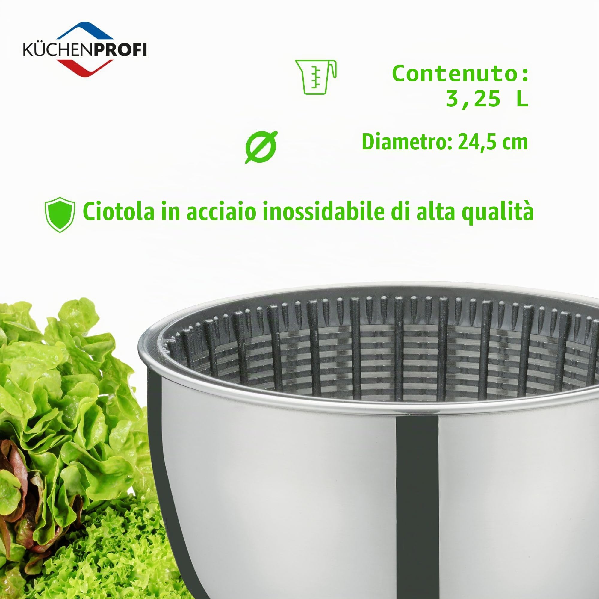 Küchenprofi Centrifuga per insalata WAVE, in acciaio inox, con corda, ciotola per insalata con coperchio, piastra base e cestello, smontabile per una facile pulizia, capacità 3,25 l, Ø 24,5 cm