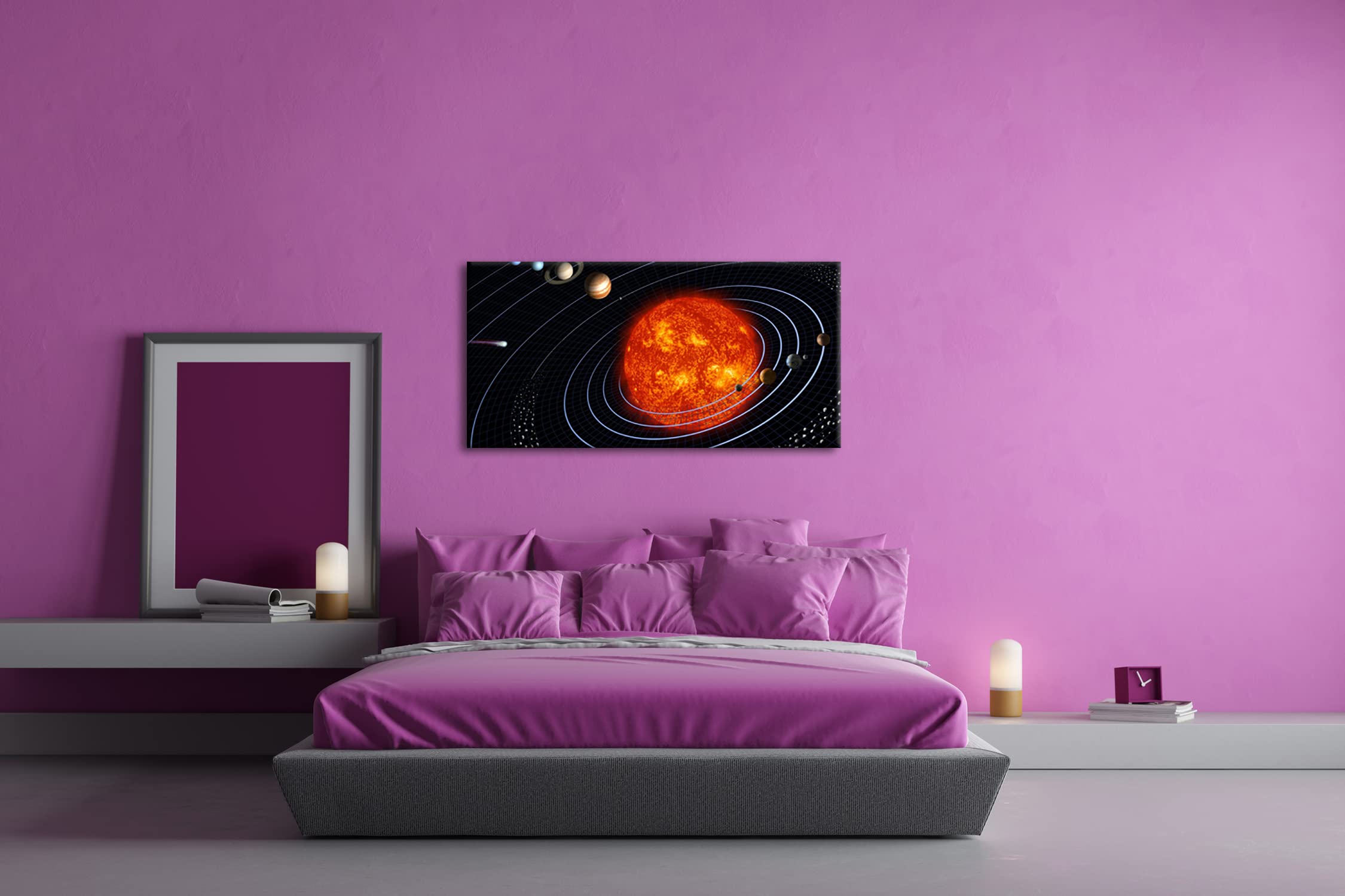 Unser Sonnensystem Panorama Impression numérique de qualité supérieure avec cadre en bois 120 x 60 cm