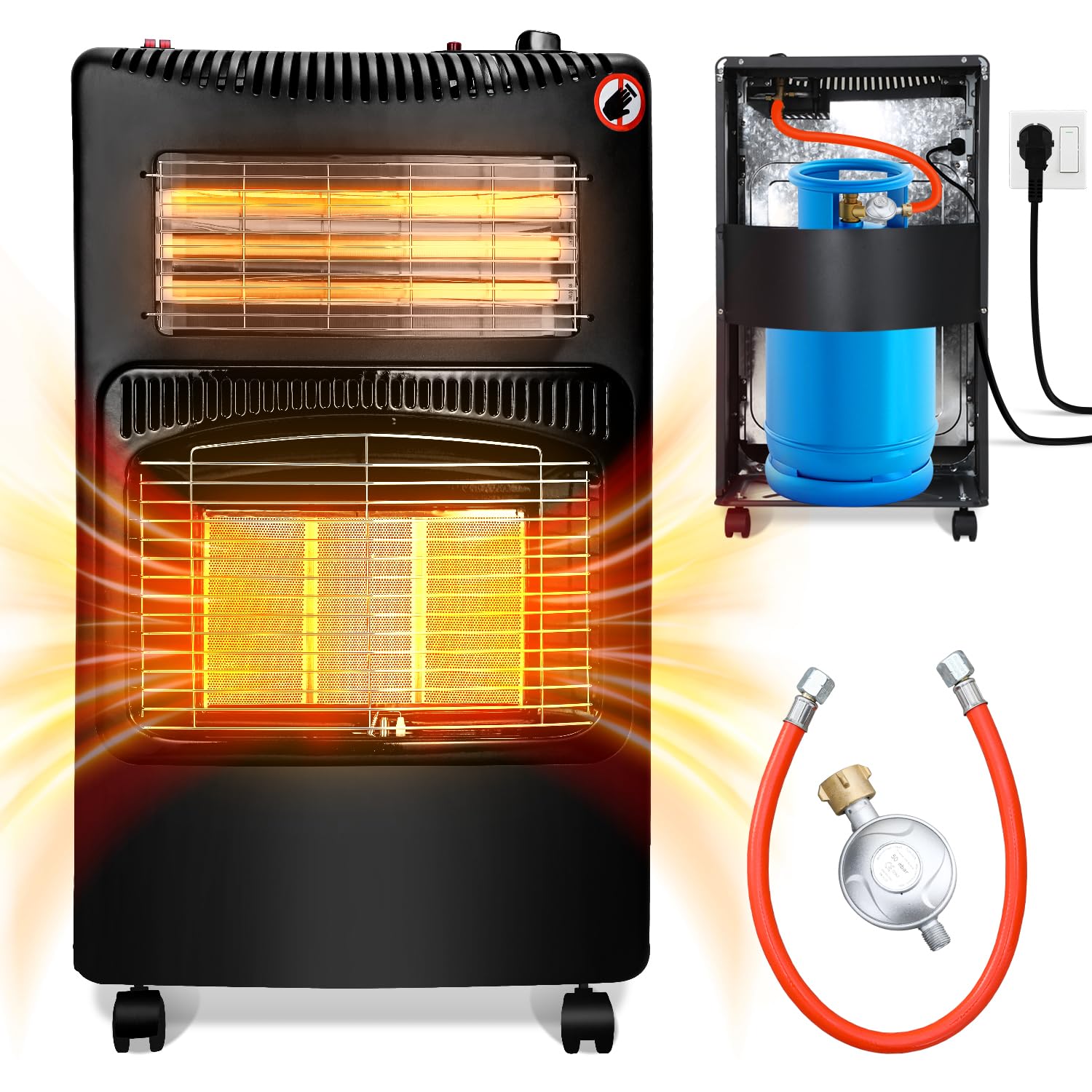 Gasheizer Gasheizung für Innenräume 4,2kw+1,26kw Gas-Elektro-Heizgerät, Gasofen inkl. Gasdruckregler & Gasschlauch, Gasheizofen mit 3 Heizstufen für Gasflaschen bis 15kg
