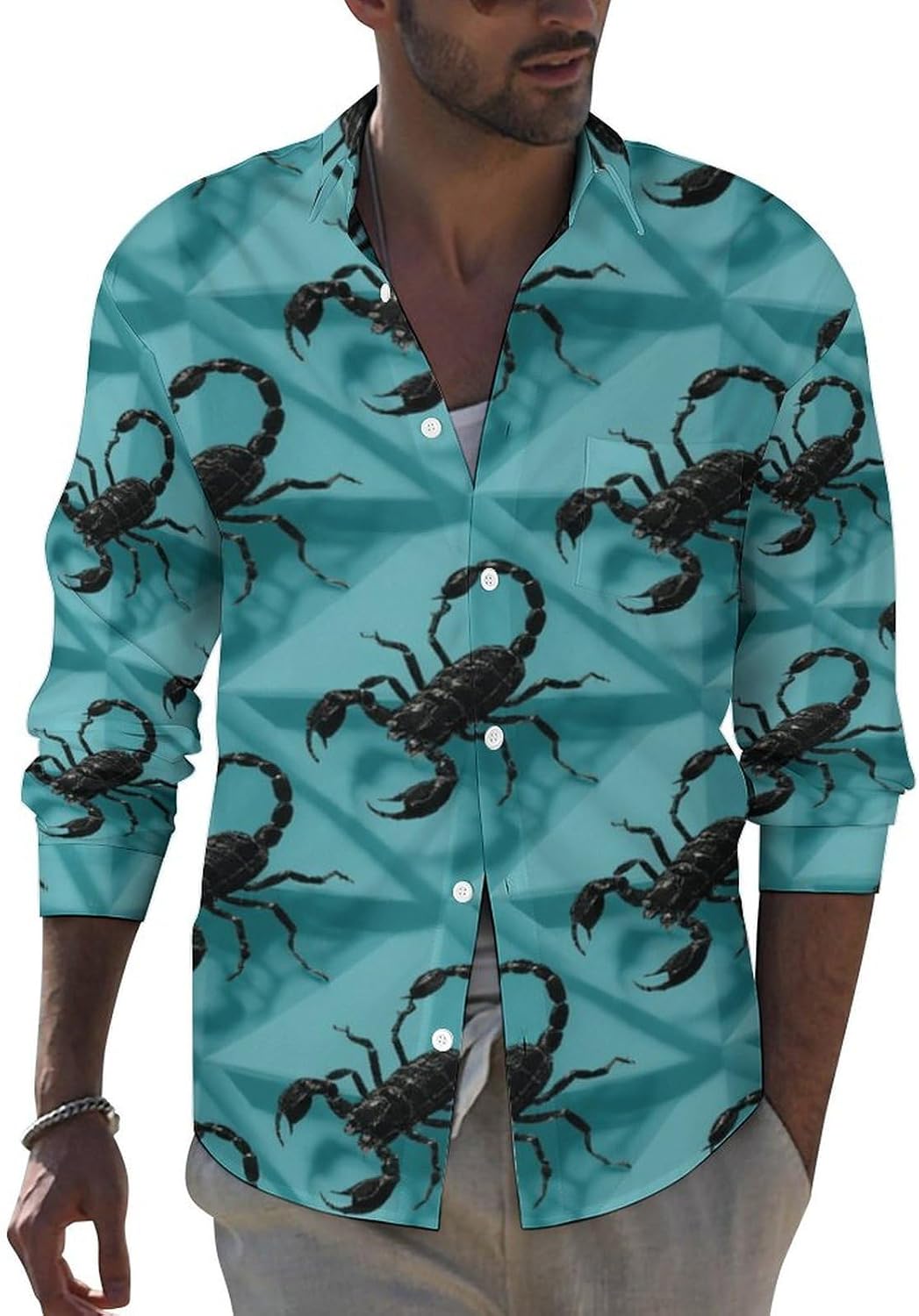 Men Long Sleeve Shirt Stretch Casual Button Down Dress Shirts Pocket