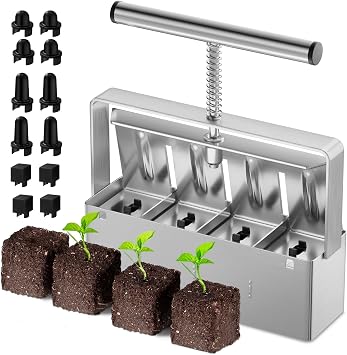 zukakii Soil Blocker 2 Inch 4 Cell Upgraded Soil Block Maker Heavy Duty with Comfortable Handle and 3 Sizes Seed Pins Handheld Soil Blocking Tool for Seed Starting transplanting Germination