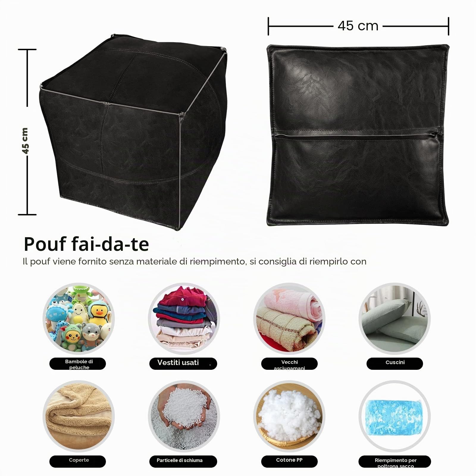 Louis Donné Pouf per pouf non imbottito, 17,7", quadrato, pouf ottomano, per soluzioni di stoccaggio, poggiapiedi in pelle impermeabile, per poggiapiedi (nero)