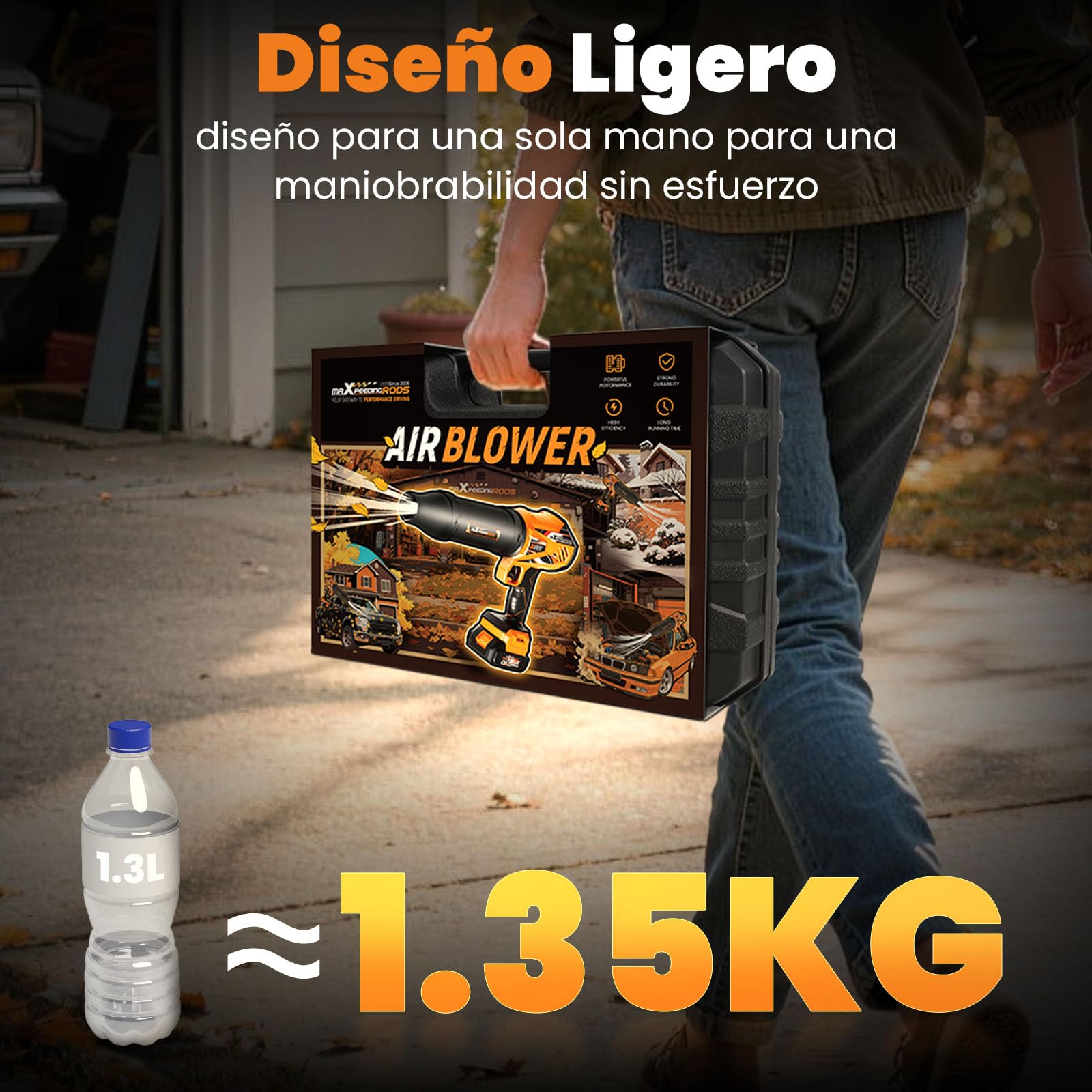 maXpeedingrods Sopladores de Hojas, Turbo Motor sin escobillas | con 2 baterías de 4,0Ah, 193km/h y 934m³/h, 3 boquillas, 1,35kg Soplador portátil para Auto, jardín, Hojas, Polvo y Nieve