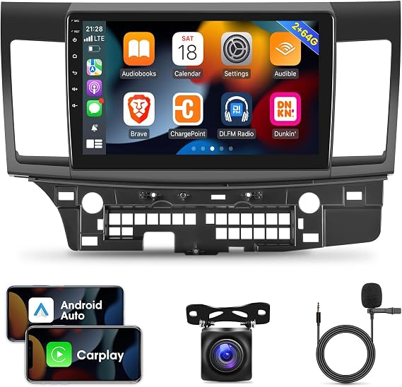 [2G+64G] Car Radio for Mitsubishi Lancer 2008-2017, 10.1 inch Android 13 Touch Screen Stereo, Carplay/Android Auto/Hi-Fi Audio/1080P/SWC/Bluetooth + AHD Backup Camera + MIC