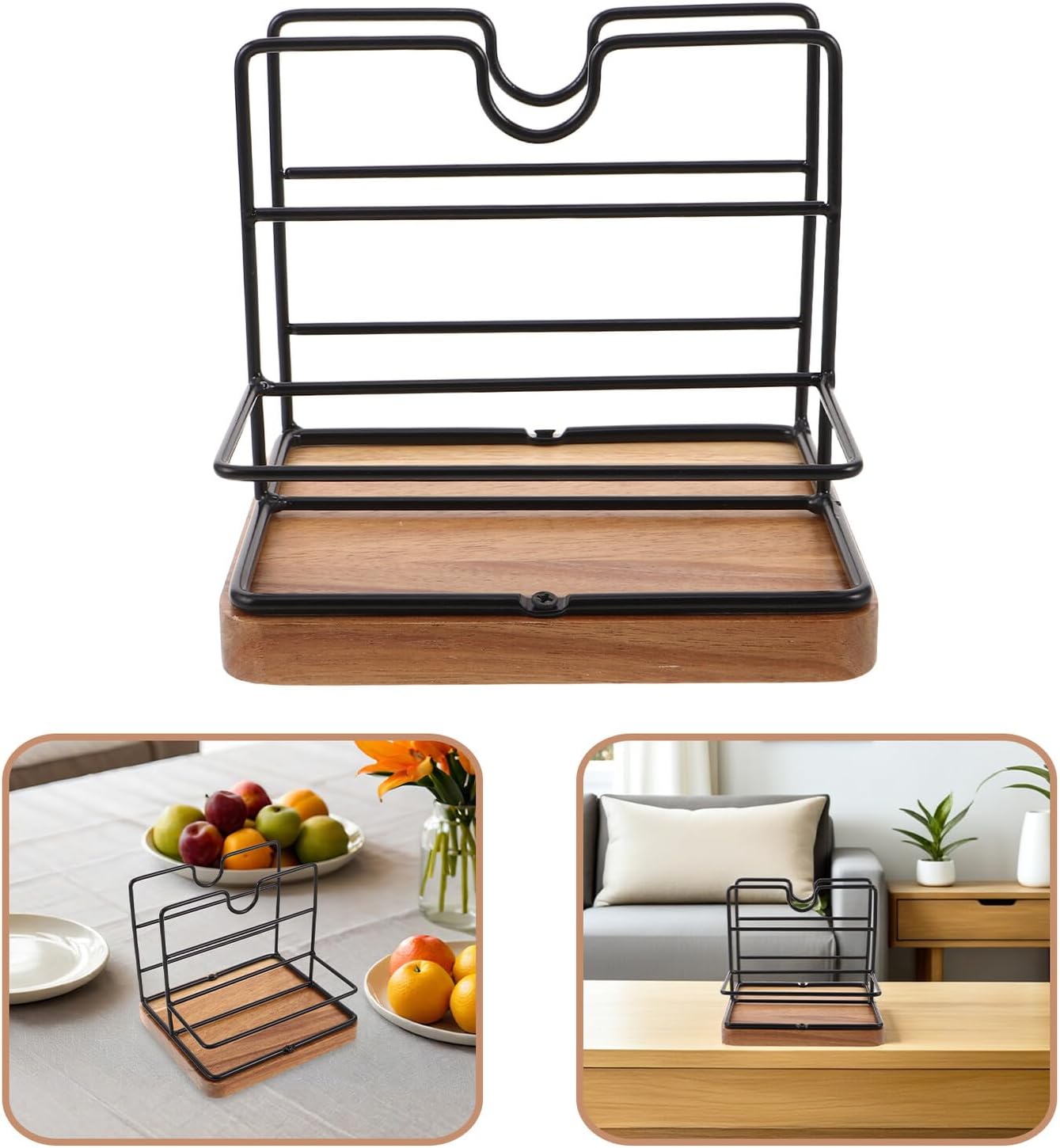 Amosfun Iron Art Napkin Holder with Wooden Base, Upright Spice and Cocktail Paper Storage Rack, Industrial Style Tissue Organizer for Kitchen and Restaurant Table