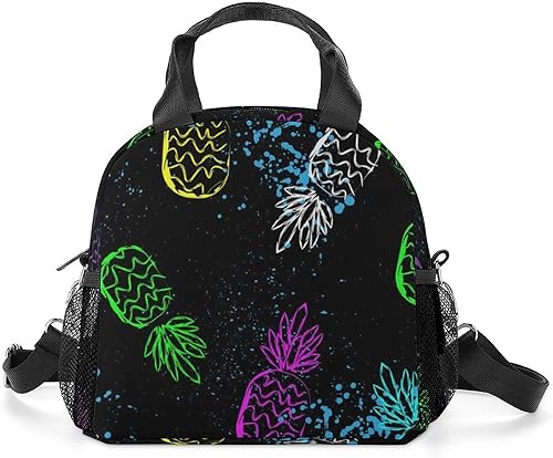Lonchera aislada con soporte para botella de agua, correa de hombro ajustable y extraíble, colorida piña negra para adultos
