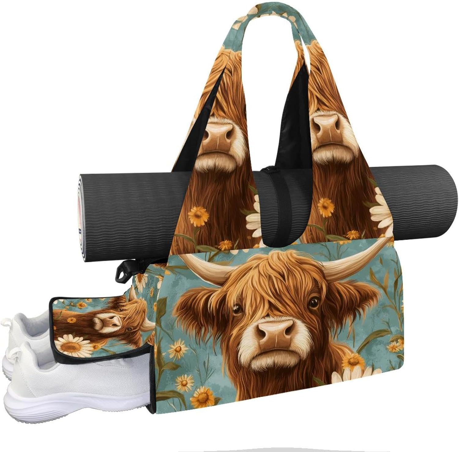 Gym Bag for Women, Cow Sunflowers Yoga Mat Bag with Shoe Compartment, Sport Yoga Gym Bag with Yoga Strap, Carryall Yoga Tote Bag