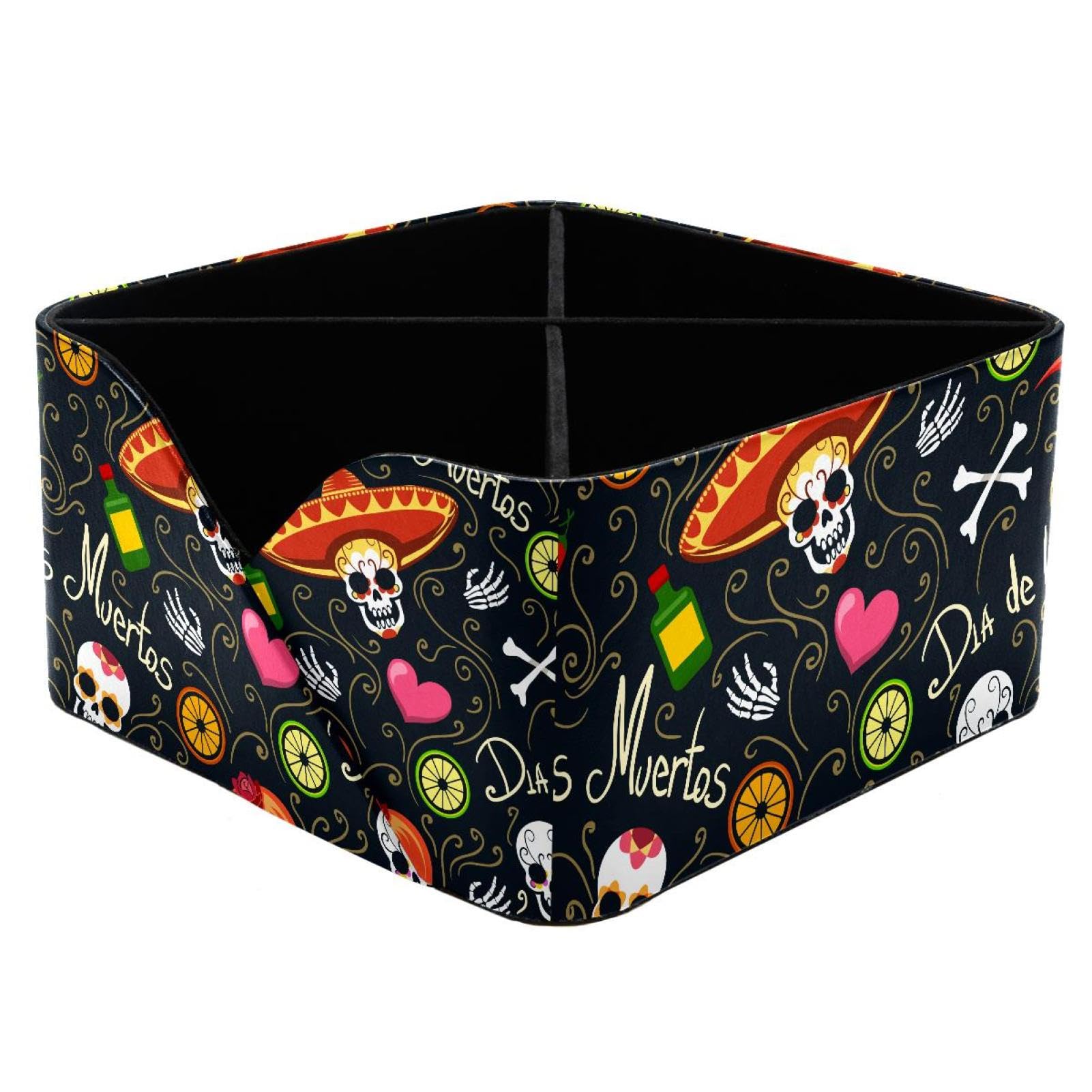 KengjuTesu Mexican Holiday Sugar Skulls and Flowers Desktop Organizer Pen Holder, Rectangular Pencil Cup for Office, Study and Makeup Stations