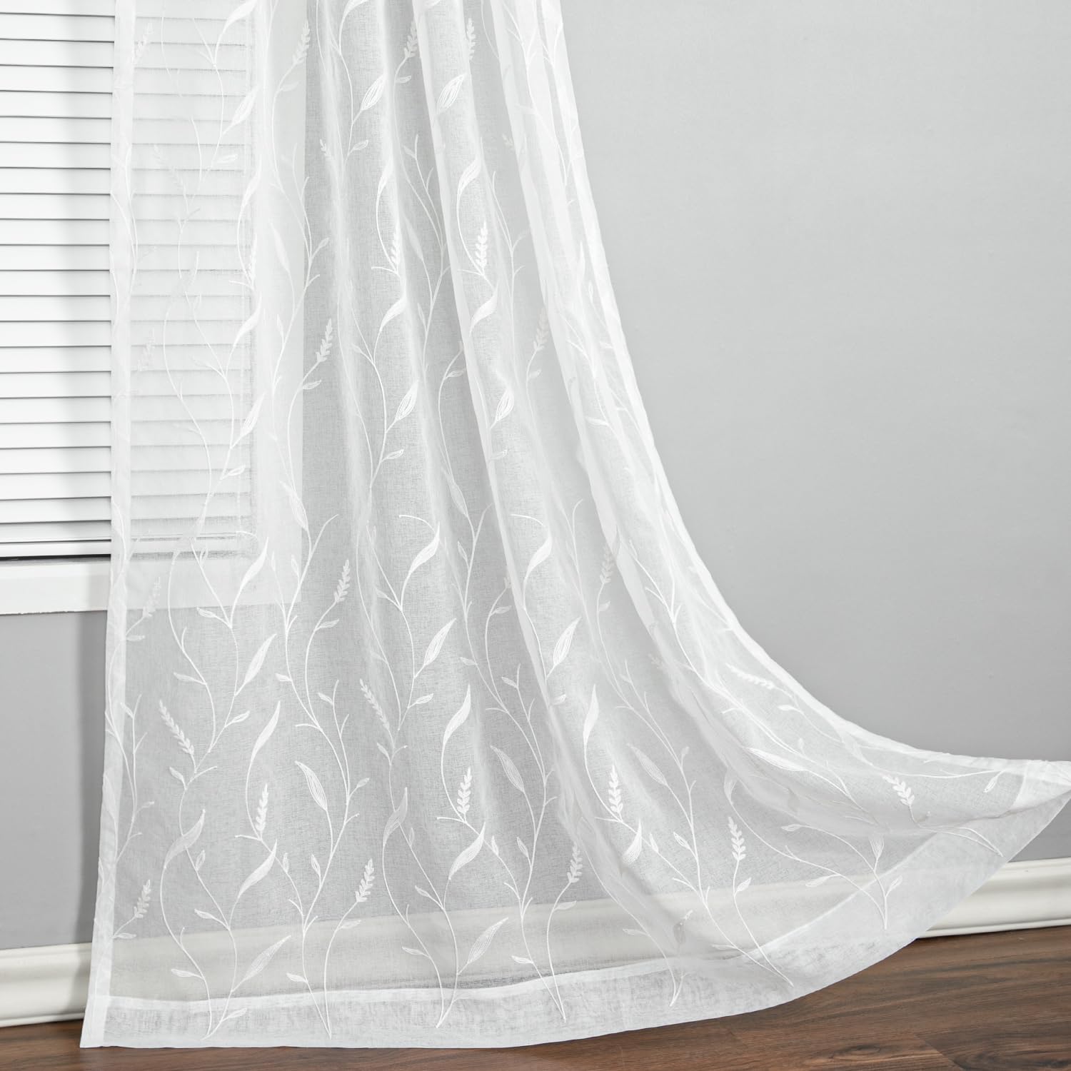Leeva Sheer Curtain Panels 63 Inch Long, White Solid Voile Embroidered Wheat Privacy Drapes Sheers for Living Room, 2 Panels