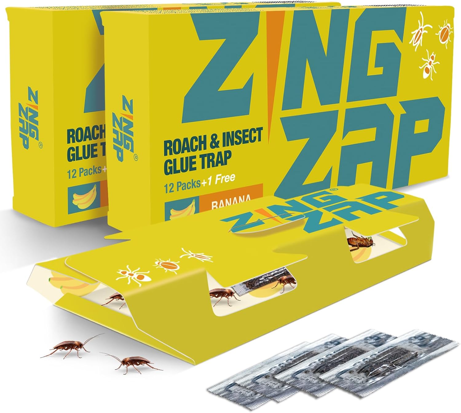 ZingZap® Roach Glue Trap Banana Scent 13-Ct Twin Pack | Sticky Cockroach Traps with Natural Bait | 2X Faster Catch | Ants Silverfish Crawling Insects | Child and Pet Safe