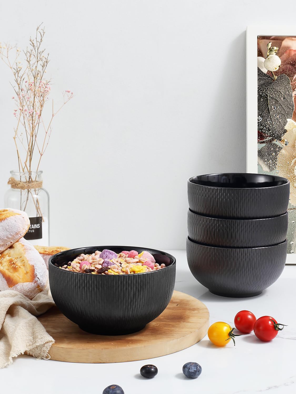 Yedio Black Ceramic Bowls Set of 4, 38 oz Porcelain Large Bowl for Kitchen, Cereal, Soup, Dessert, Rice, Snack, Fruits, Ice Cream, Noodle,Breakfast, Microwave Dishwasher Freezer Oven Safe - Image 6