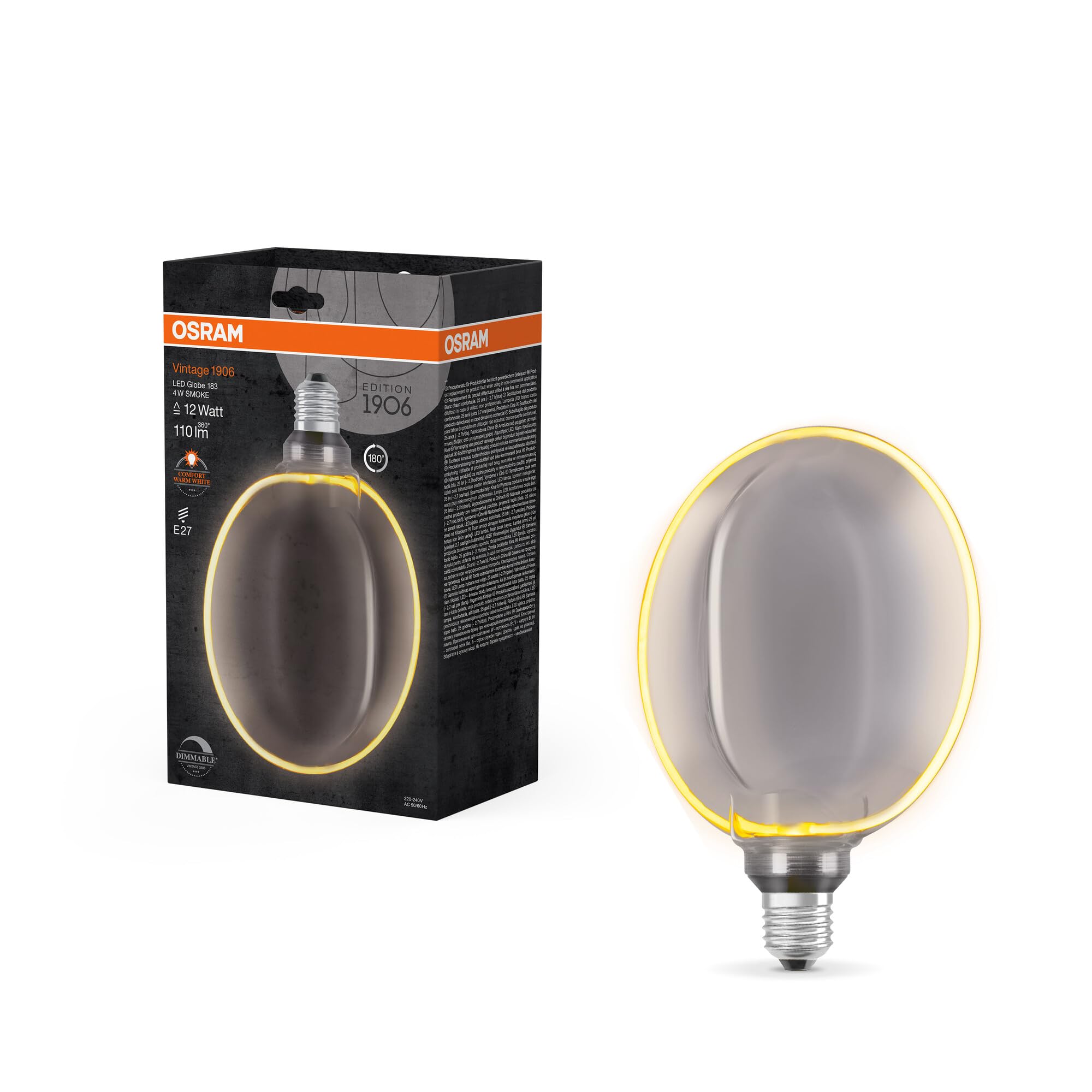 Osram Vintage 1906 Globe 183 Filament O Lampe, 4 W, 110 lm, 1800 K, 818 angenehmes Warmweiß, Smoke, IP 20, bleifreies Glas, 183 mm, E27 Fassung