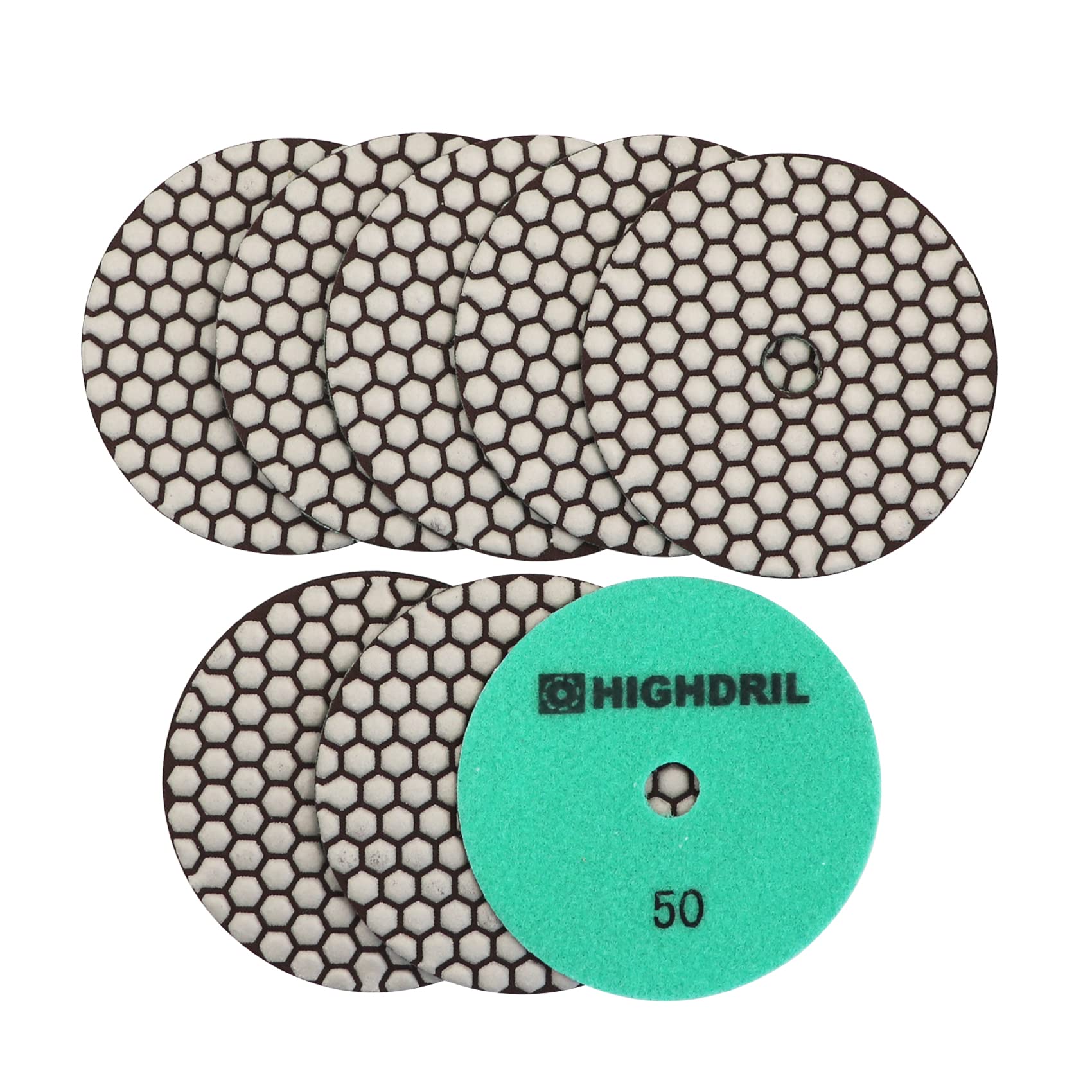HIGHDRIL Almohadillas Pulido Diamante Seco - 8piezas #50 Almohadillas Lijado 125MM para Granito Piedra Mármol Suelo Grinder Pulir Almohadilla Kit para Taladro, Amoladora, Pulidora