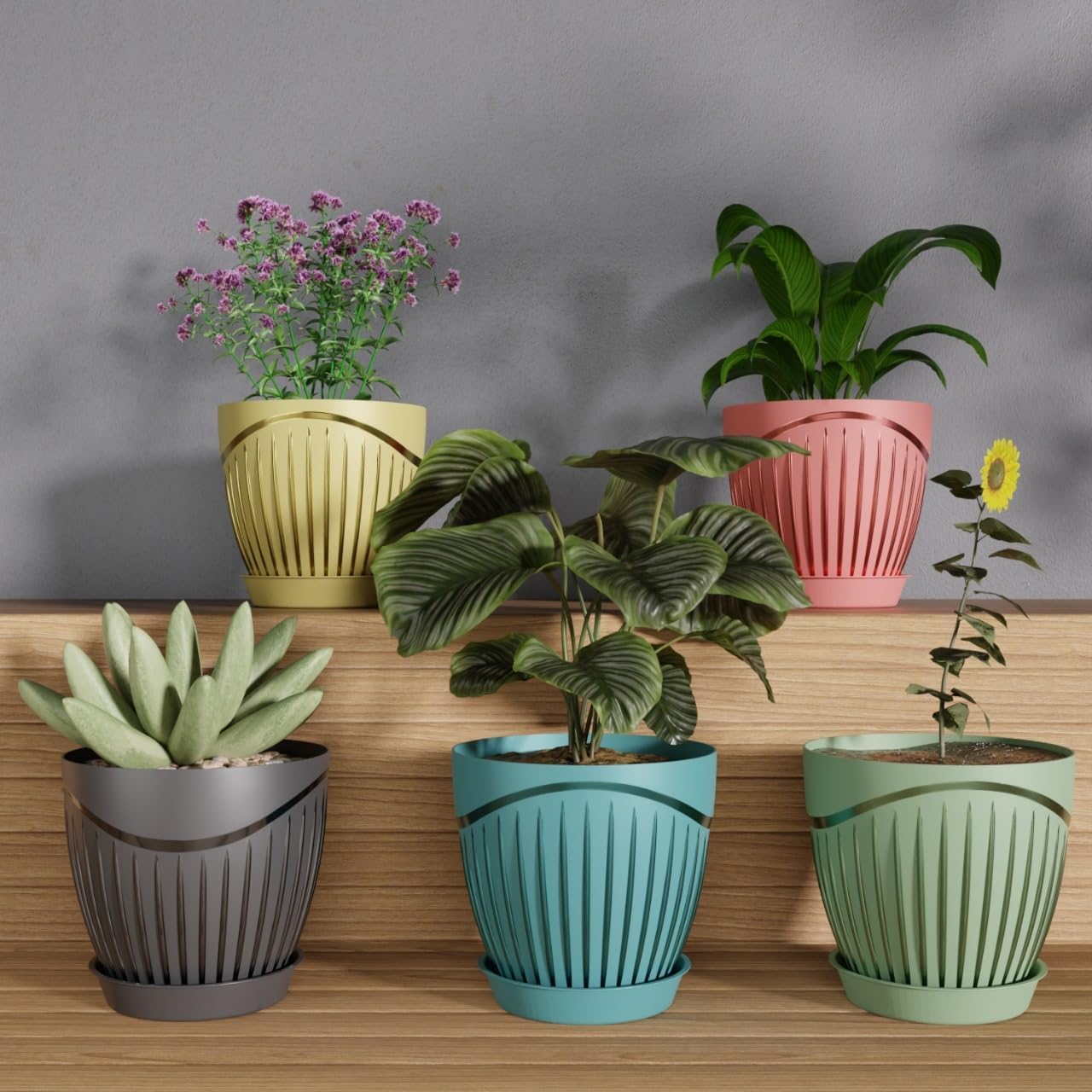 Light Brown Flower Pots Set of 5 - Modern Plant Planters -18 Light Brown Flower Pots Set of 5 - Modern Plant Planters -18