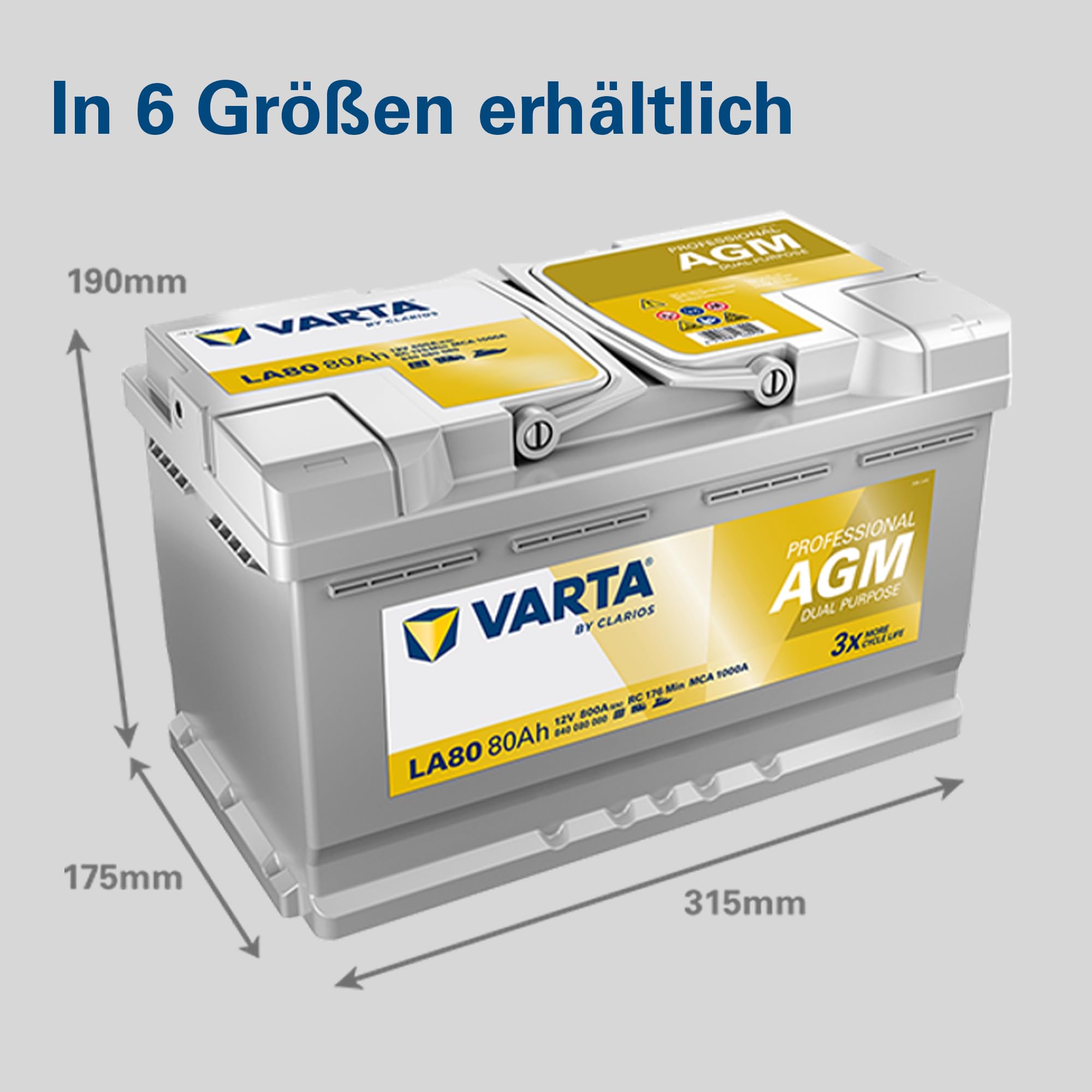 VARTA Professional Dual Purpose AGM (LA80) 12V 80Ah 800A - Nassbatterie für Wohnmobile, Wohnwagen & Boote - Resistente Starter- & Versorgerbatterie hoher Energiebedarf - Bleisäurebatterie wartungsfrei
