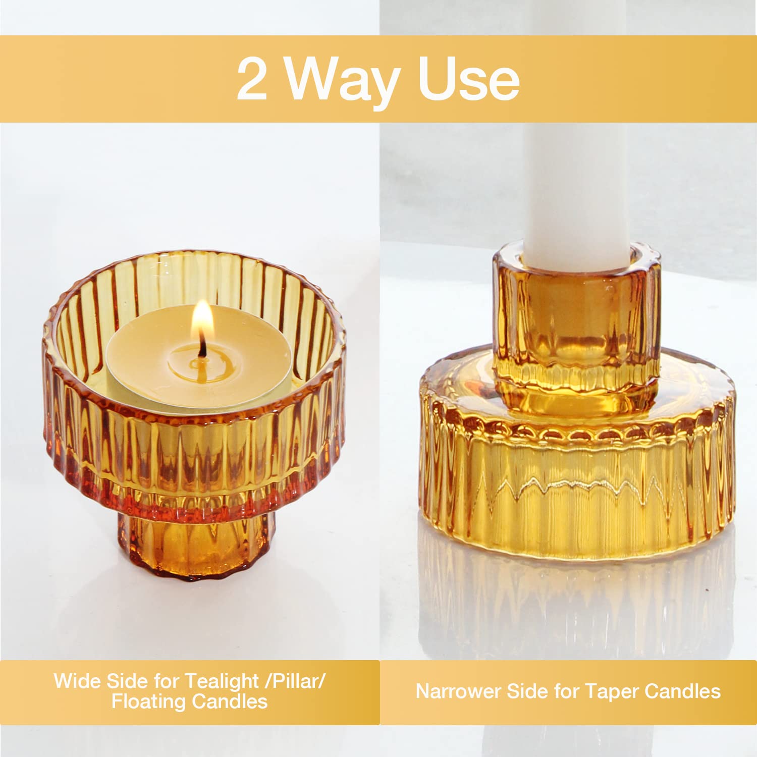 HofferRuffer szklany świecznik 2-w-1 na świeczki tealight, świecznik na świece stożkowe do obiadu, ślubu, wakacji, urodzin, dekoracji domu, Bożego Narodzenia (6 szt. bursztyn)