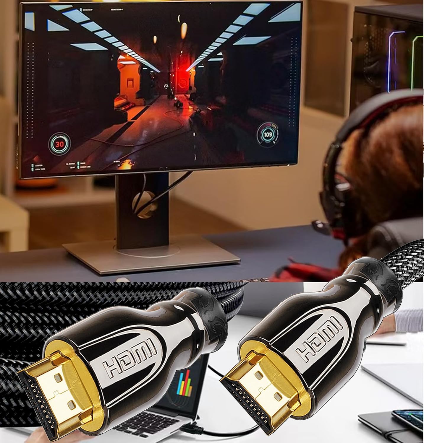 4K HDMI Cable 30FT ，Braided High Speed HDMI Cord with Ethernet Support 4K 60Hz 2160P 1080P 3D ARC Compatible with UHD TV Monitor Computer Xbox 360 PS5 PS4 Blu-ray and More (Gun Black)