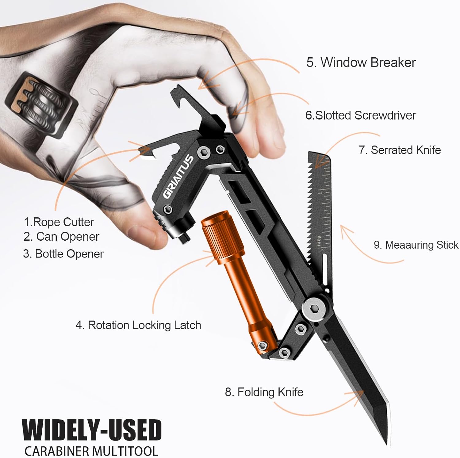 Carabiner Multitool with Pocket Knives, EDC Carabiners, Serrated Knife, Rope Cutter, Screwdriver, Can Bottle Opener, Ruler, Folding Knife for Camping Hiking, Multitool Survival Gear (Orange)