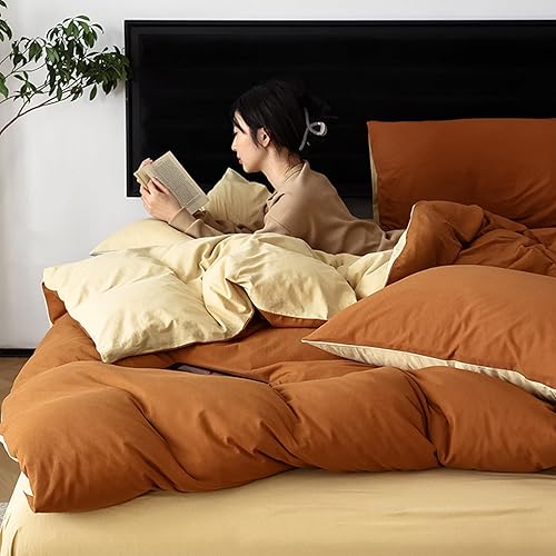 Miniatura 2 de Couturebridal Juego de funda de edredón color naranja quemado, tamaño Queen, reversible, color beige crema, con lazos de cremallera, 3 piezas,