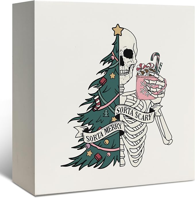 Christmas Skeleton Decorations, Gothic Christmas Skeleton Wooden Box Sign, Sorta Merry Sorta Scary Xmas Skull Tree Wood Signs for Home Office Desk Tabletop Shelf Wall Decoration 5x5 Inch