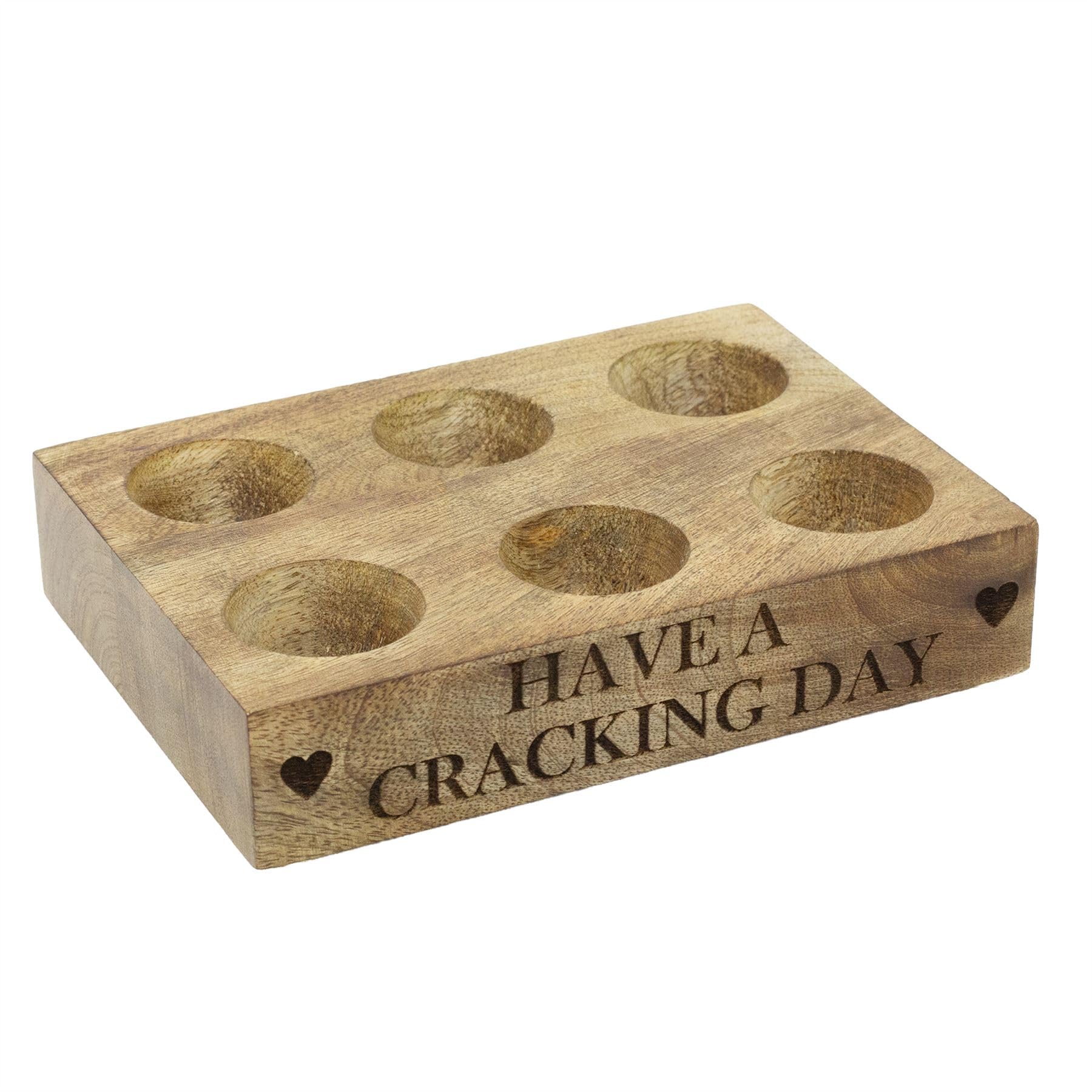Mango Wood Egg Rack for 6 Eggs, 17cm Wooden Egg Holder Tray Rustic Kitchen Egg Storage Cracking Day