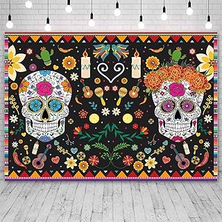 Sendy 7x5ft Day of The Dead Backdrop Mexican Sugar Skull Fiesta Flowers Photography Background Dia DE Los Muertos Birthday Party Banner Cake Table Decor Photo Booth Prop