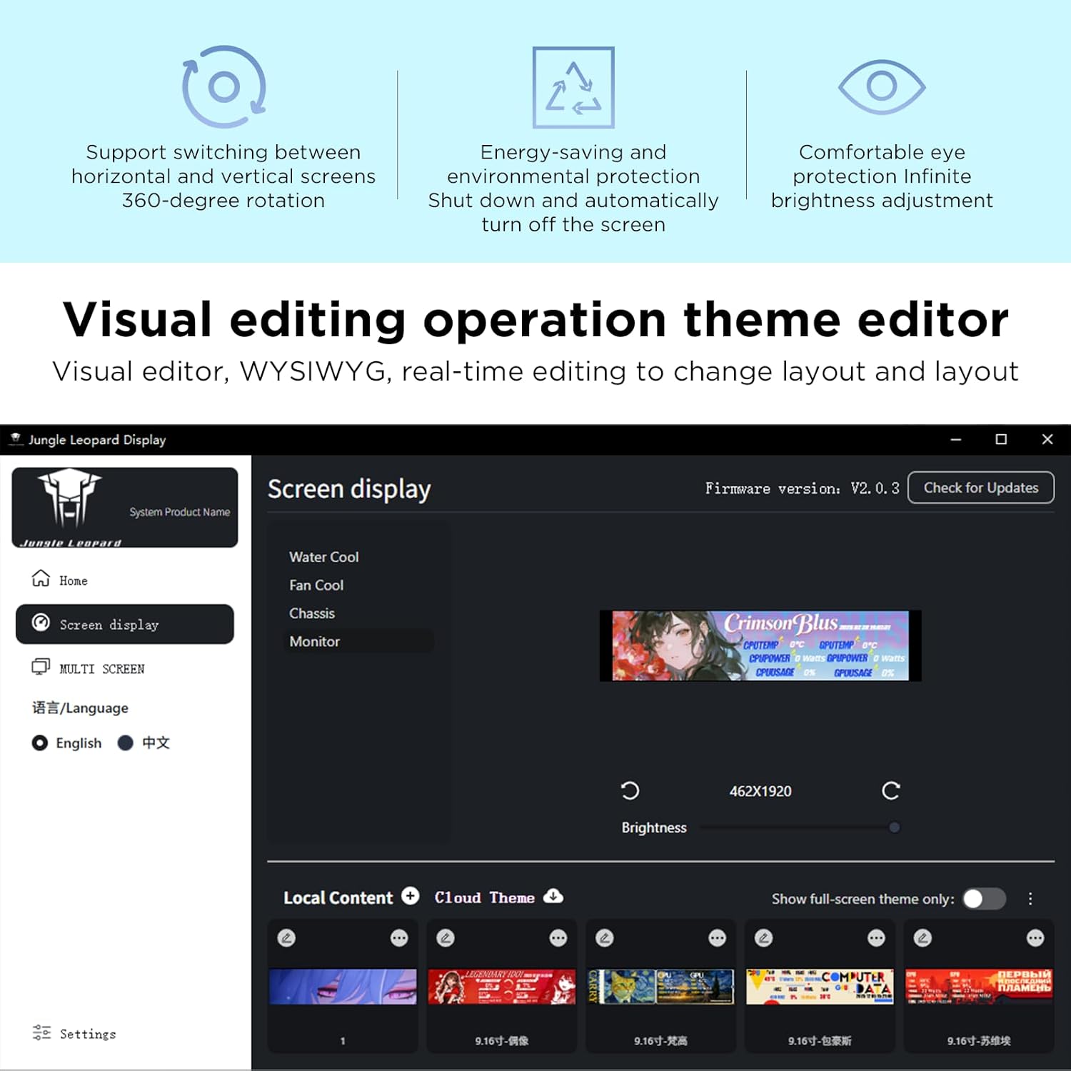 Jungle Leopard 9.16 Inch LCD Mini Secondary Monitor PC Computer|Customizable 1920*480 IPS Temperature display screen|USB TYPE-C 9-Pin Motherboard Connection for Laptop Computer Windows GPU CPU-Black