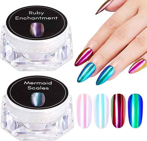 Makartt Polvo de uñas cromado de sirena, 2 colores, polvo de uñas Aurora, efecto espejo, perlas iridiscentes, polvo de mica de camaleón, polvo de