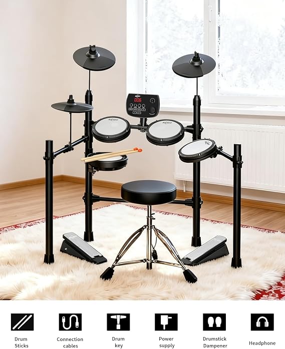 AiJoy Electronic Drum Set for Adults & Beginners | Quiet Mesh Pads with 5 Drums & 3 Cymbals, Dual-Zone Snare, USB MIDI, Sound Module, Includes Drum Throne, Headphones, Sticks
