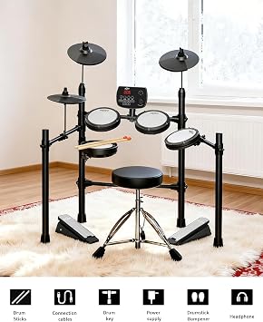 AiJoy Electronic Drum Set for Adults & Beginners | Quiet Mesh Pads with 5 Drums & 3 Cymbals, Dual-Zone Snare, USB MIDI, Sound Module, Includes Drum Throne, Headphones, Sticks