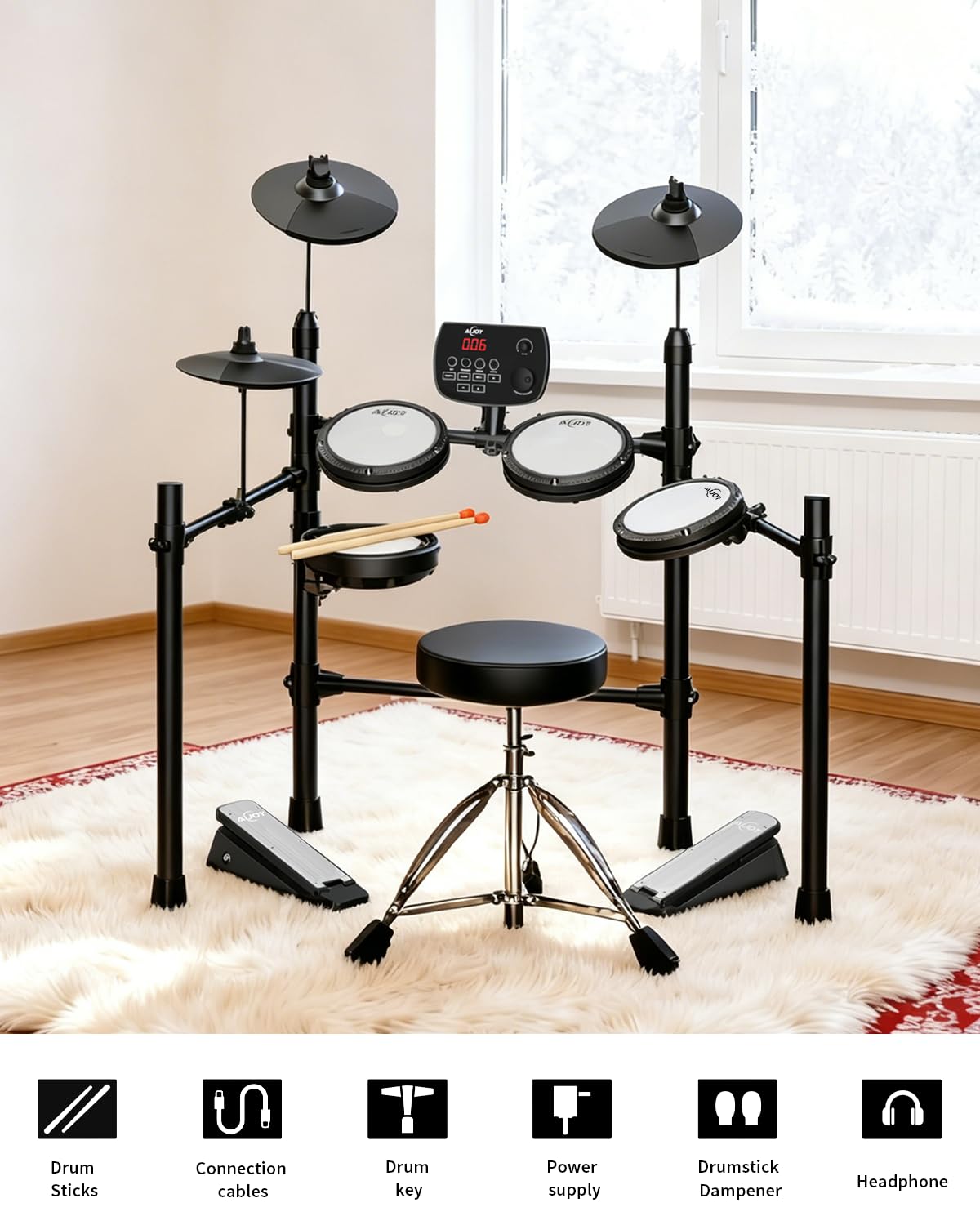 AiJoy Elektronisches Schlagzeug-Set für Erwachsene & Anfänger | Leise Mesh Pads mit 5 Drums & 3 Becken, Dual-Zone Snare, USB MIDI, Soundmodul, inklusive Drum Throne, Kopfhörer, Sticks