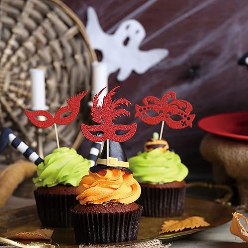 Miniatura 6 de Gyufise 24 máscaras de mascarada para cupcakes con purpurina roja, máscara de despedida de soltera para cupcakes, decoraciones para bailes de