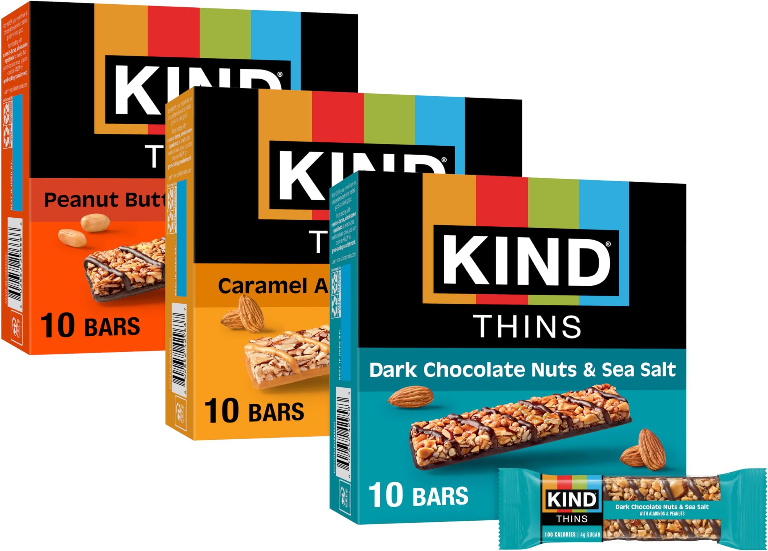 KIND Thins Snack Bar, Variety Pack, Dark Chocolate Nuts & Sea Salt, Caramel N...