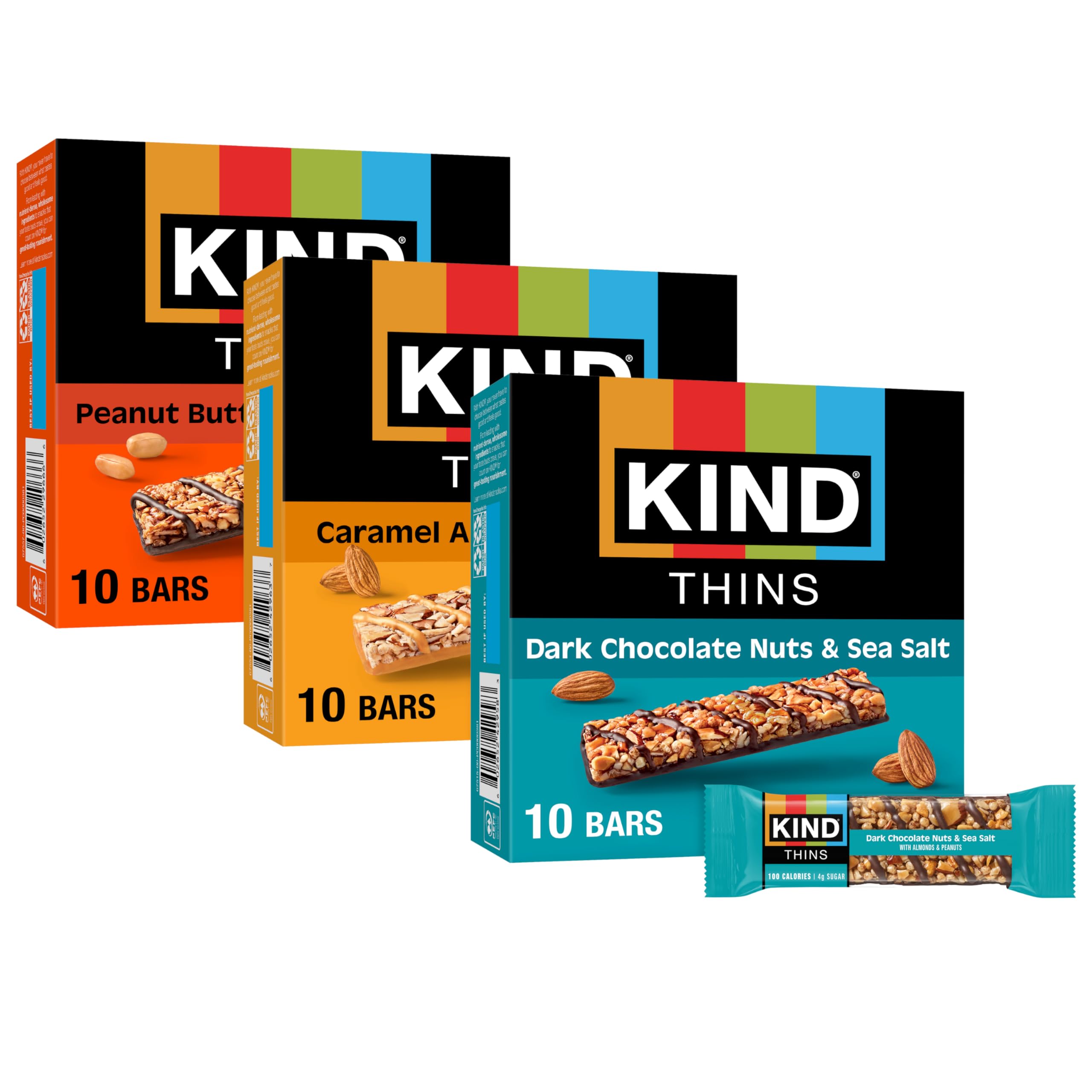 KIND Thins Snack Bar, Variety Pack, Dark Chocolate Nuts & Sea Salt, Caramel Nuts & Sea Salt and Peanut Butter Dark Chocolate, Low Calorie Snacks, Gluten Free, Low Sugar, 2-3g Protein, 30 Count