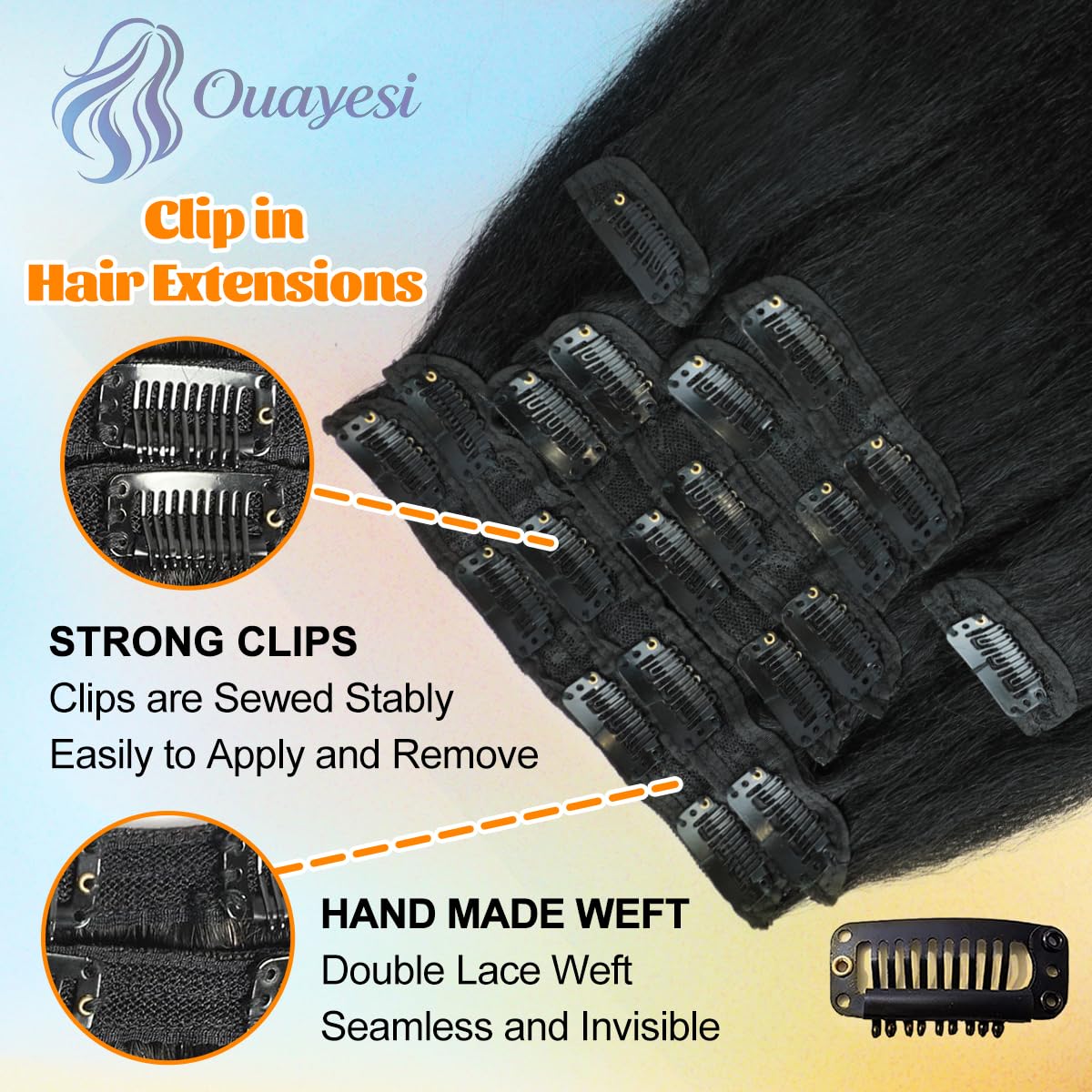 18 Inch Kinky Straight Clip in Hair Extensions Real Human Hair 8Pcs 20Clips 110g Yaki Straight Clip Ins Full Head Brazilian Virgin Human Hair Extensions Clip Ins for Women Natural Color