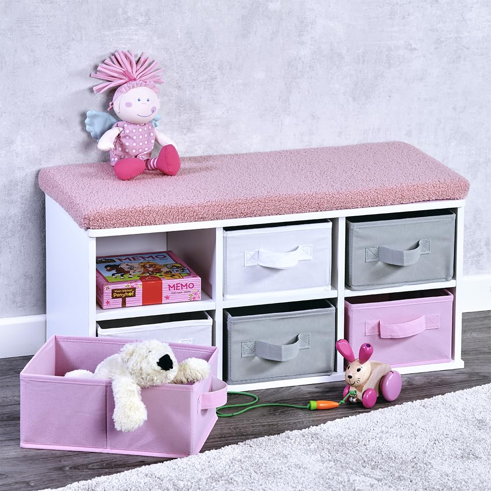 Kesper | Banc pour Enfants avec Coussin d'assise, matériau : Panneau de Fibres certifié FSC, Dimensions : 68 x 29,5 cm, Hauteur : 33 cm, Couleur : Blanc, Gris, Rose | 17739 13