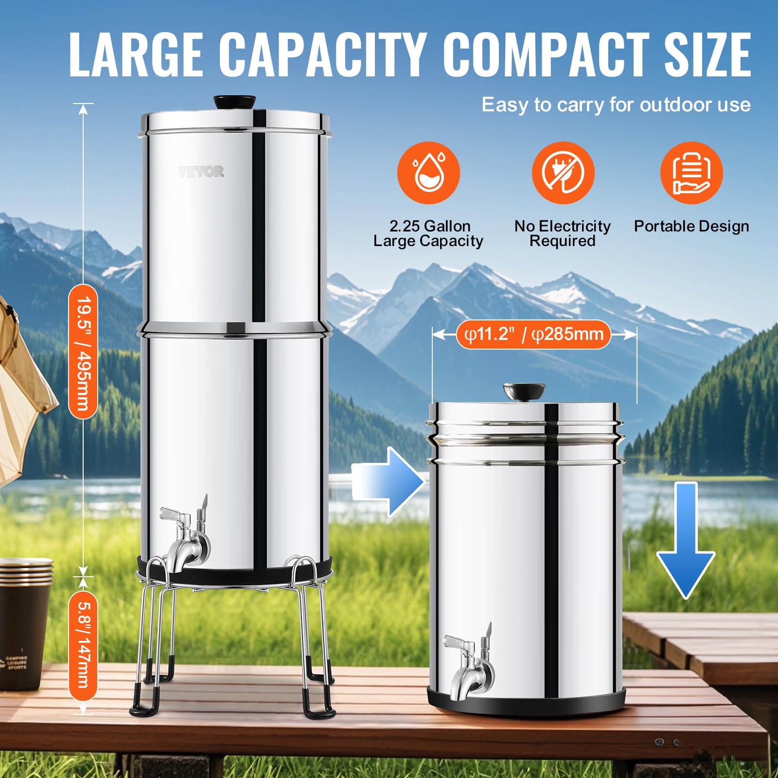 VEVOR System filtracji wody grawitacyjnej, system filtracji wody na blacie ze stali nierdzewnej 2,25G 304, redukuje ołów i do 99% chloru, z 2 ceramicznymi filtrami węglowymi, czopem i stojakiem